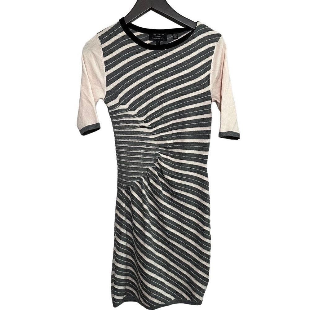 ted baker pink gray striped dress ruched side knit dress size 1